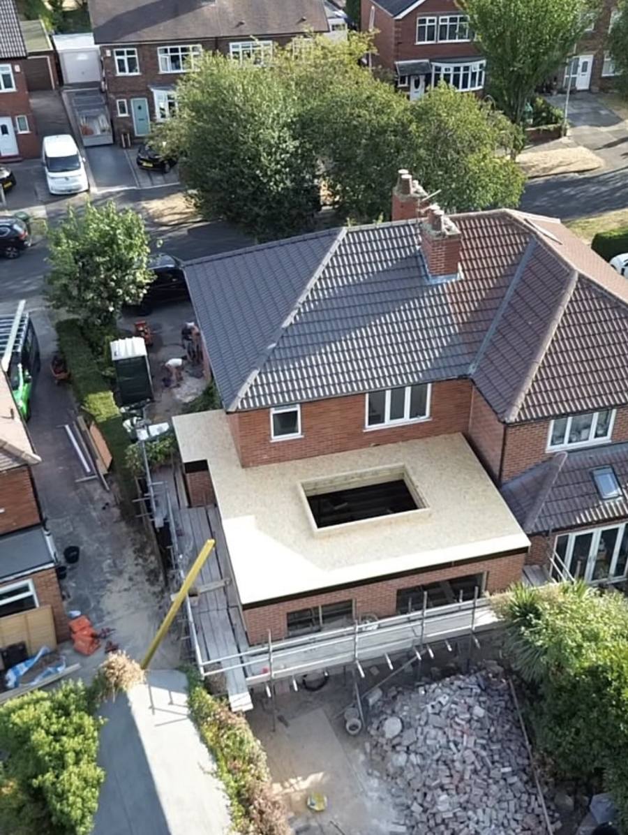 Aerial view of a new flat-roof extension