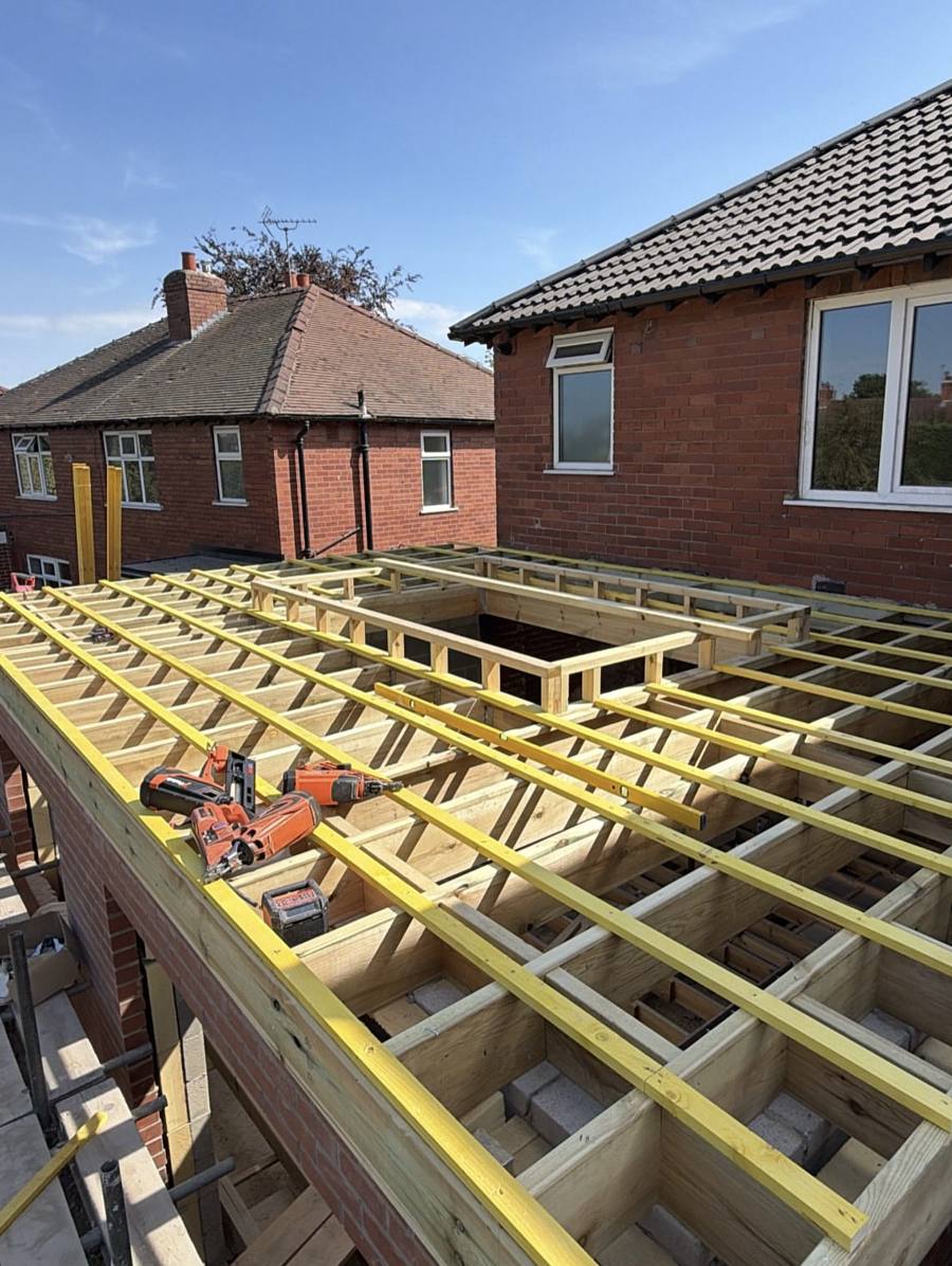 Timber flat roof framing on a new extension