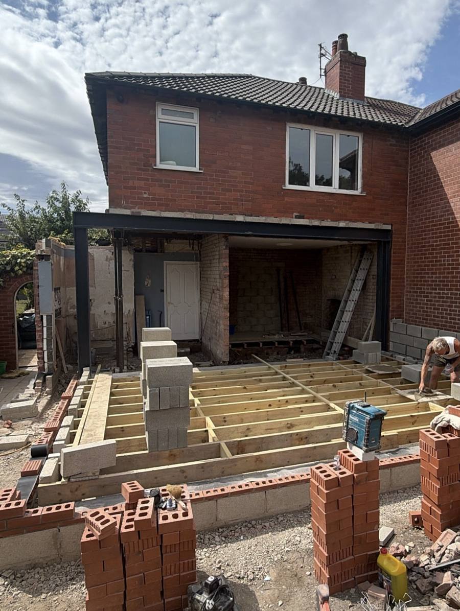 Steel beam and floor joists on a new extension